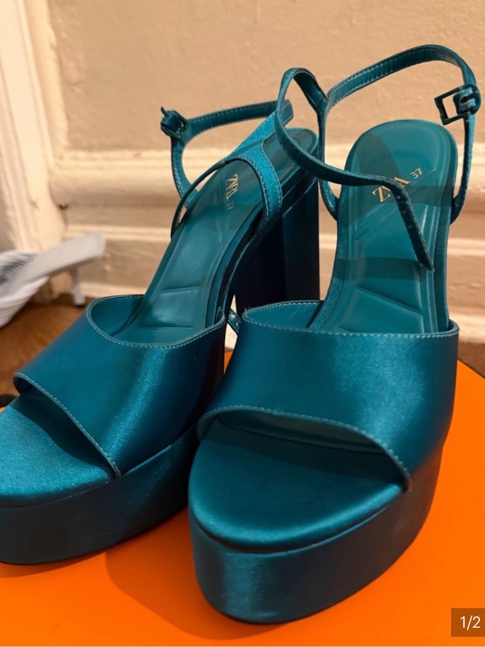 Zara Teal Satin Platform Sandals with Ankle Strap